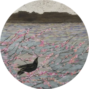 Pintura circular abstracta con cuervos, "Emprender vuelo", Colección L’Importance de Vivre, por Andrea Casanova