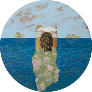 Pintura circular contemporánea con cuervo, "Equilibrio", Colección L’Importance de Vivre, por Andrea Casanova